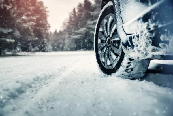 Close-up of a snow-covered car tire and wheel on a snowy road lined with evergreen trees during a snowfall.